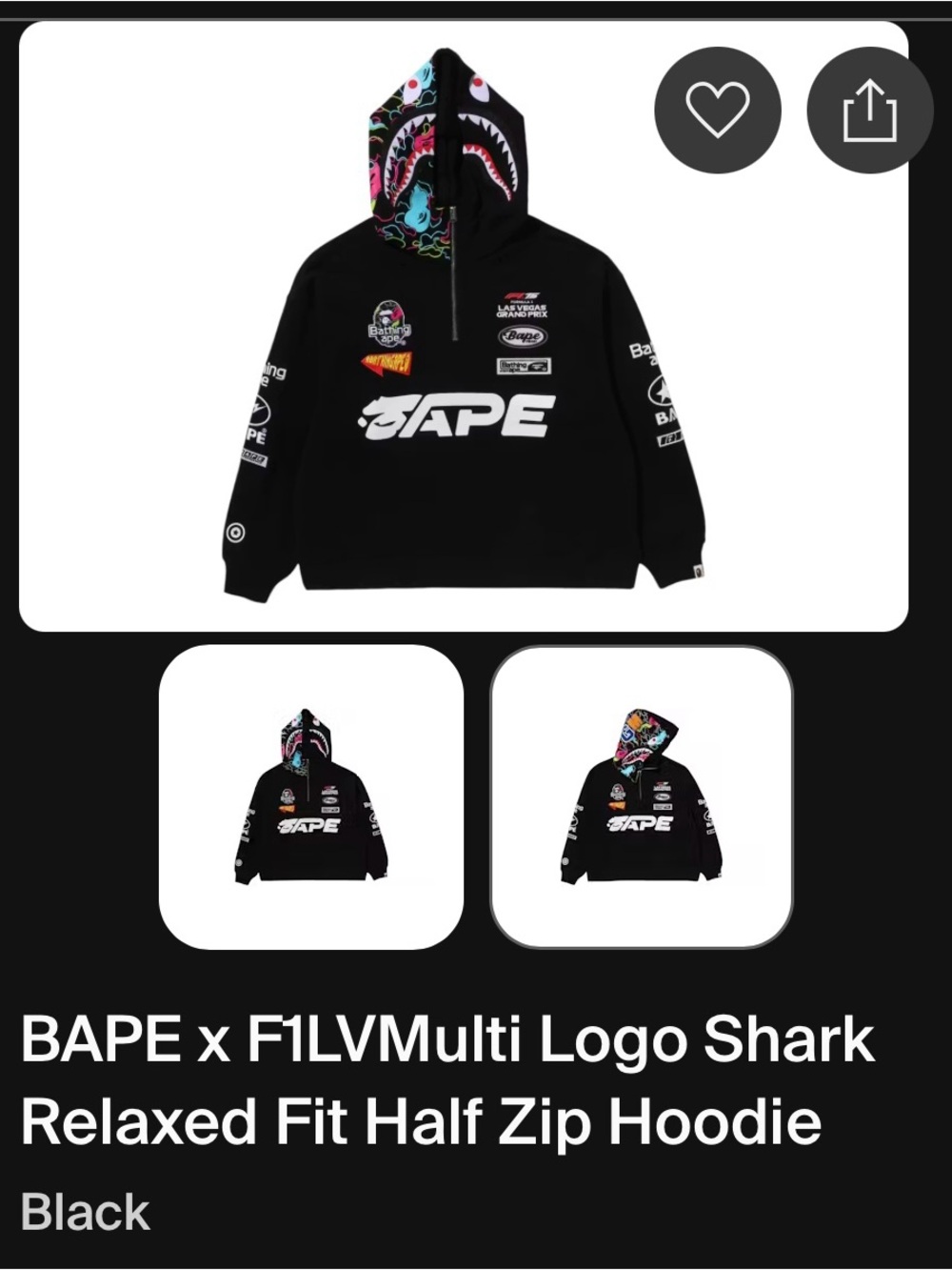 NWT BAPE x F1LV Multi Logo Shark, Relaxed Fit Half Zip Hoodie, Size Large, Black